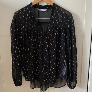 Holiday Party Ready Flowy Black and Gold Zara Blouse (M)
